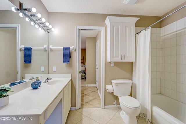 full bathroom featuring shower / bath combination with curtain, tile patterned floors, toilet, and vanity