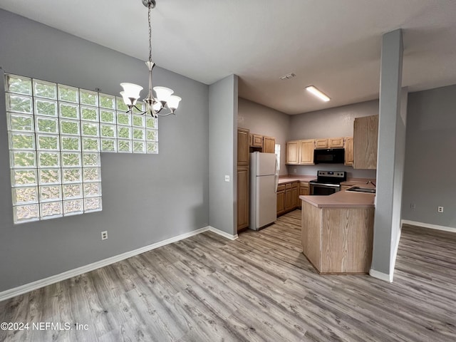 kitchen with stainless steel electric range oven, decorative light fixtures, light hardwood / wood-style flooring, white refrigerator, and kitchen peninsula