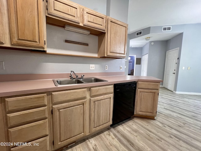 kitchen with sink, light hardwood / wood-style flooring, kitchen peninsula, and dishwasher