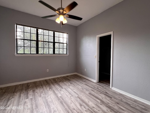 unfurnished room featuring ceiling fan, plenty of natural light, and light hardwood / wood-style flooring