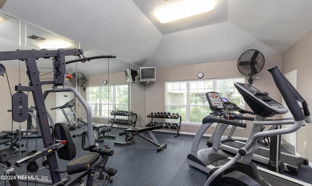 workout area featuring vaulted ceiling