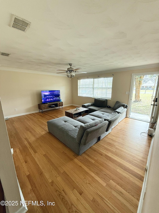 living room featuring ornamental molding, a wealth of natural light, and light hardwood / wood-style floors