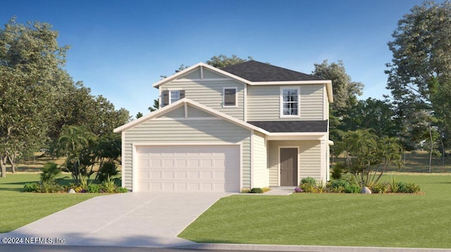 view of front of property featuring a garage and a front lawn