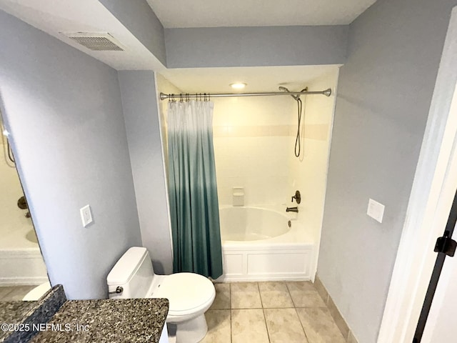 full bathroom with shower / tub combo with curtain, vanity, tile patterned flooring, and toilet