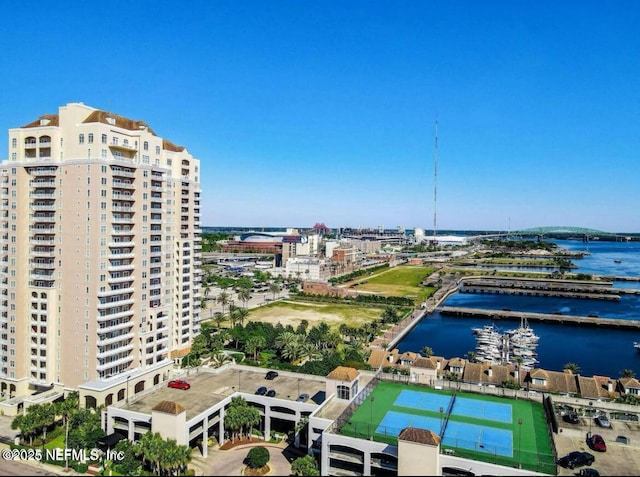 drone / aerial view featuring a water view