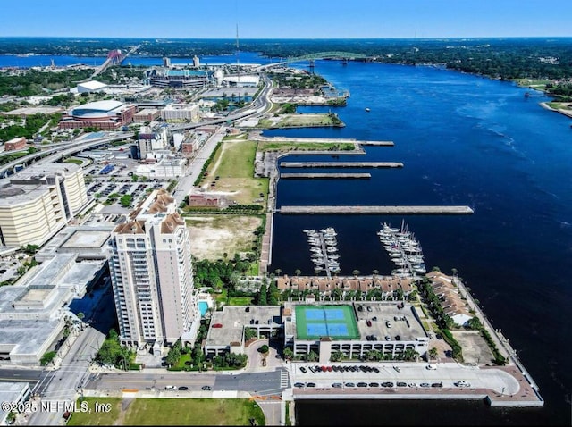 aerial view featuring a water view