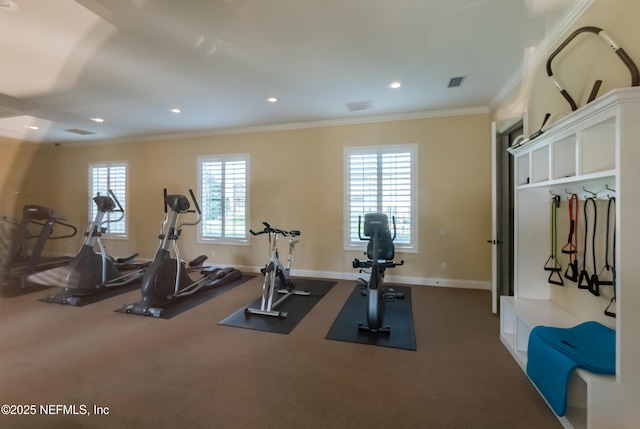 workout area featuring carpet floors, crown molding, and a healthy amount of sunlight