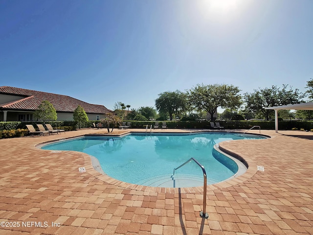 view of swimming pool featuring a patio area