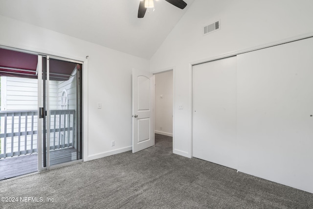 unfurnished bedroom featuring carpet floors, access to exterior, a closet, and visible vents