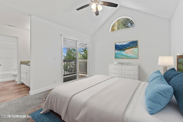 bedroom with access to exterior, ensuite bathroom, light carpet, ceiling fan, and baseboards