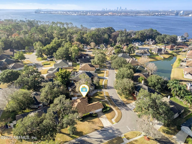 aerial view featuring a water view and a residential view