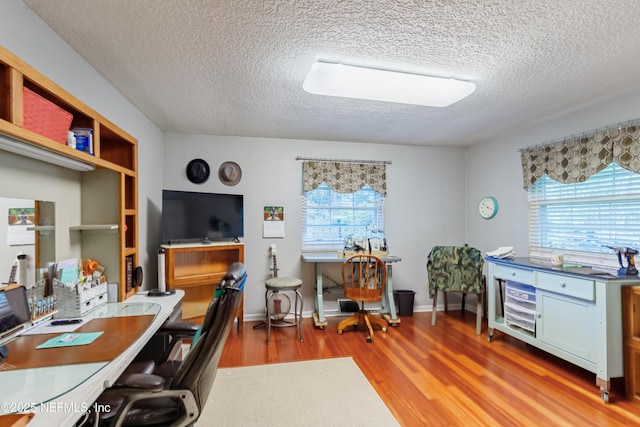 home office featuring a wealth of natural light, a textured ceiling, and light wood-type flooring