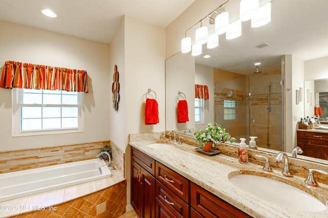 bathroom featuring vanity and separate shower and tub