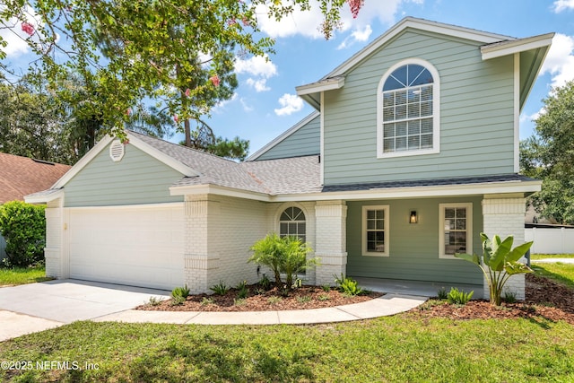 view of front property featuring a garage and a front lawn