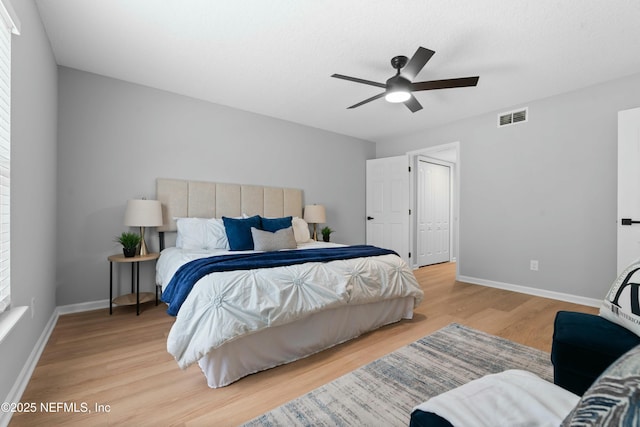 bedroom with ceiling fan and light hardwood / wood-style floors