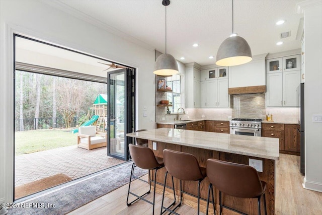kitchen with a sink, light stone countertops, premium range hood, and stainless steel appliances
