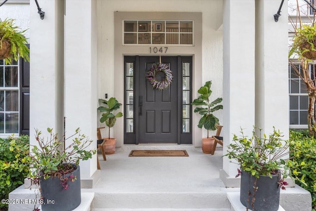 doorway to property featuring stucco siding