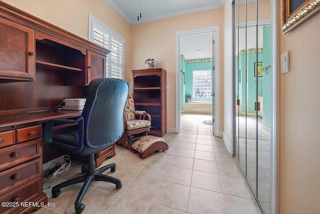 office featuring ornamental molding and light tile patterned flooring