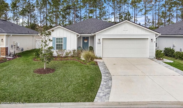 single story home featuring a garage and a front lawn