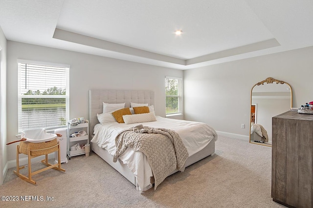 carpeted bedroom featuring baseboards and a tray ceiling