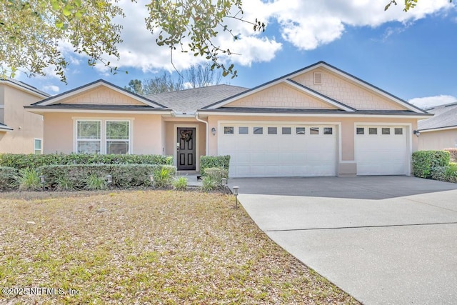 ranch-style home with a garage, driveway, and stucco siding