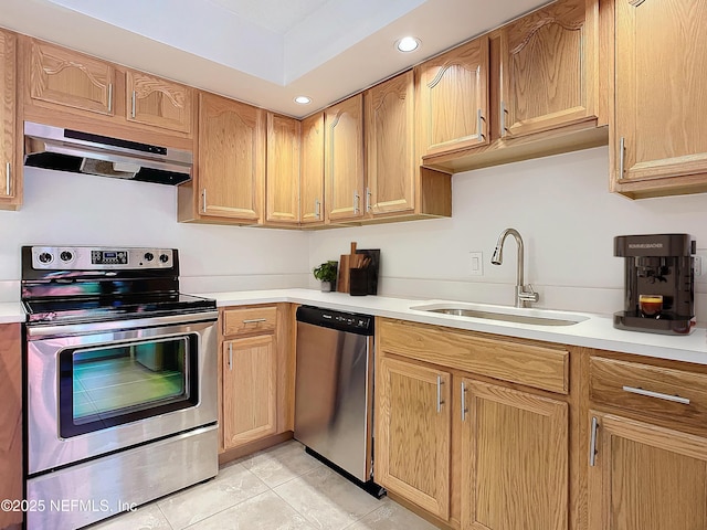 kitchen featuring stainless steel appliances, light tile patterned flooring, ventilation hood, and sink