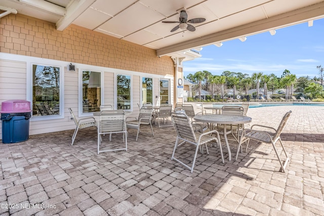 view of patio / terrace featuring a community pool and ceiling fan