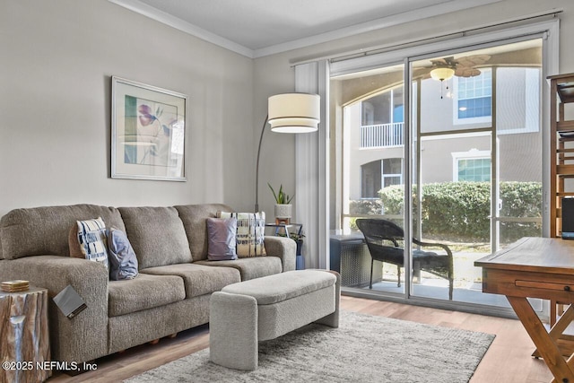 living room with hardwood / wood-style floors and ornamental molding