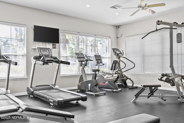 exercise room with ceiling fan and a healthy amount of sunlight