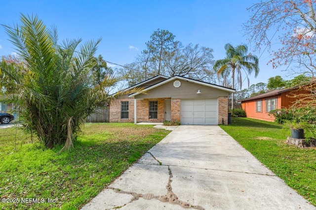 ranch-style house with a garage and a front lawn