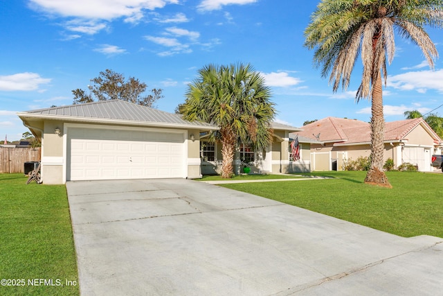 ranch-style home featuring an attached garage, stucco siding, concrete driveway, and a front yard