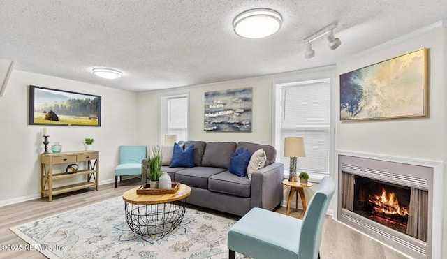 living room featuring light wood finished floors, baseboards, a textured ceiling, and a lit fireplace