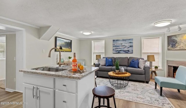 kitchen featuring light stone counters, a textured ceiling, light wood-type flooring, and a sink