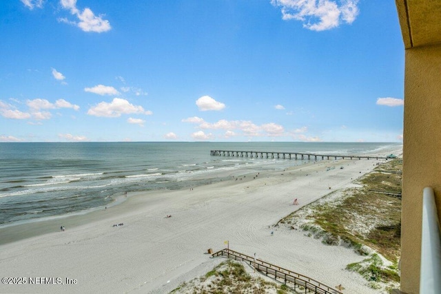 view of water feature with a beach view