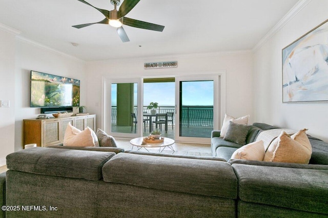 living room featuring crown molding and ceiling fan