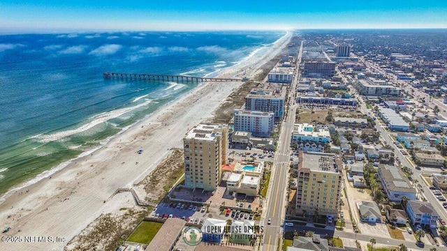 aerial view featuring a beach view and a water view