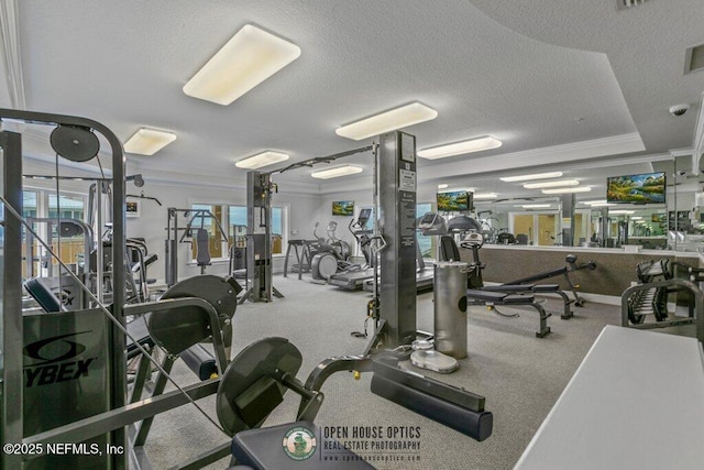 exercise room featuring ornamental molding and a textured ceiling