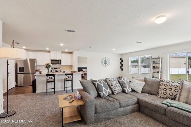 carpeted living room featuring a healthy amount of sunlight and a textured ceiling