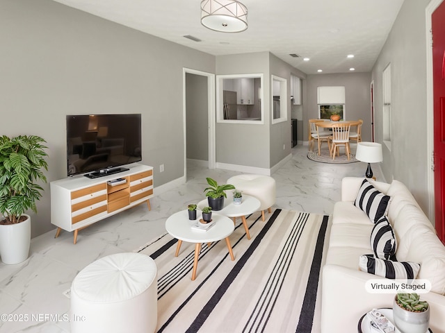 living room with marble finish floor, baseboards, visible vents, and recessed lighting