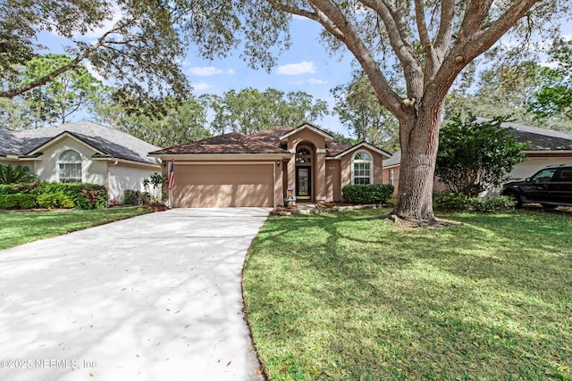 ranch-style house with stucco siding, a garage, concrete driveway, and a front lawn