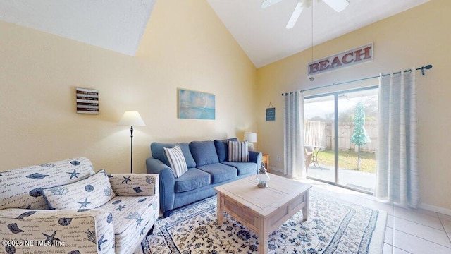 living room featuring light tile patterned floors, baseboards, high vaulted ceiling, and a ceiling fan