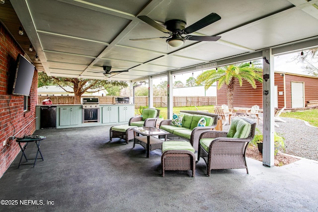 view of patio featuring ceiling fan, area for grilling, and outdoor lounge area