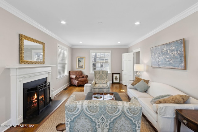 living room featuring crown molding and wood-type flooring