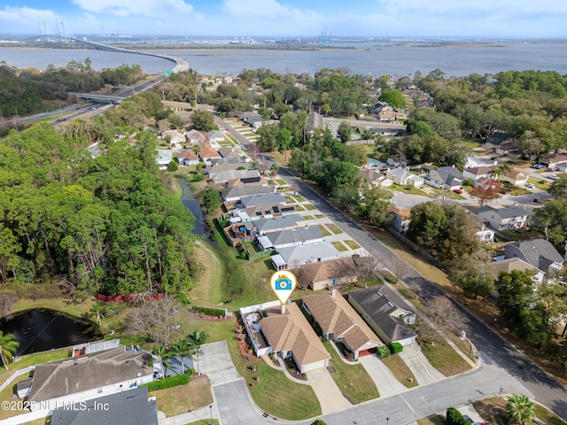 drone / aerial view featuring a water view