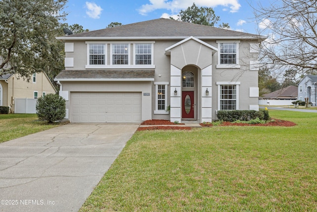 traditional home with an attached garage, a shingled roof, driveway, stucco siding, and a front lawn