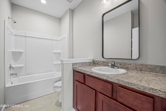 bathroom featuring shower / bathtub combination, vanity, tile patterned flooring, and toilet