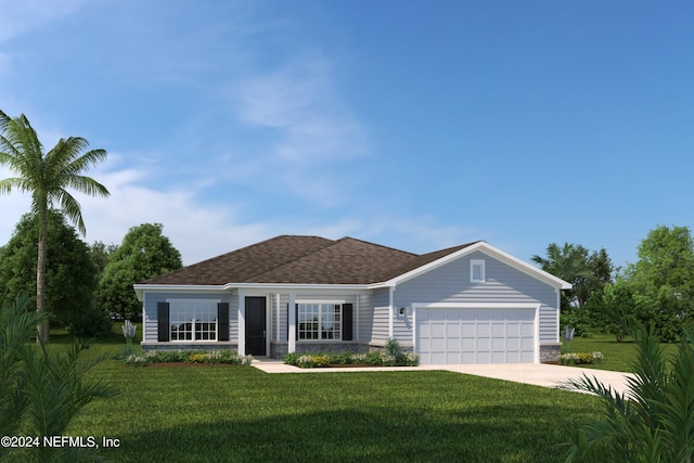 ranch-style home with a garage and a front lawn