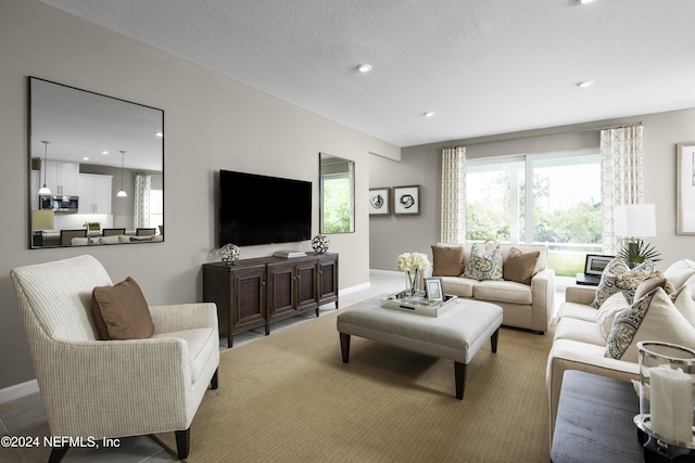 living room with a textured ceiling