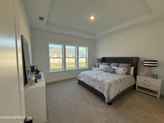 bedroom with a raised ceiling and carpet