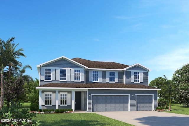 view of front of house with a garage and a front lawn